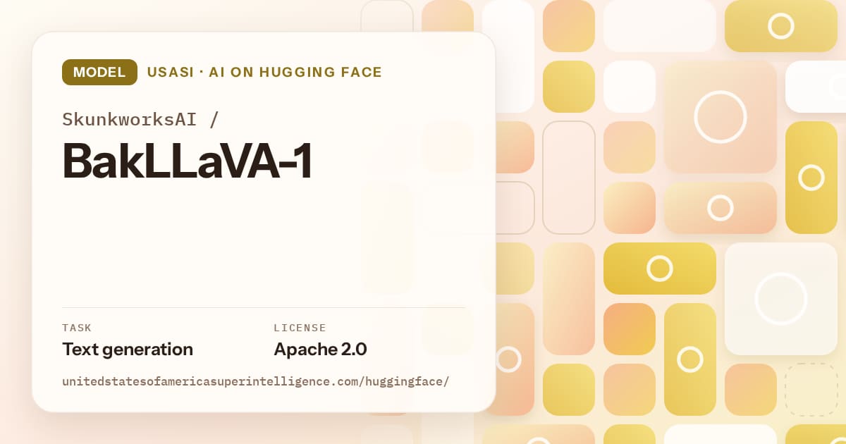 Generated gold tile-mosaic artwork for the model SkunkworksAI/BakLLaVA-1, labeled USASI · AI on Hugging Face, with Task: Text generation · License: Apache 2.0.
