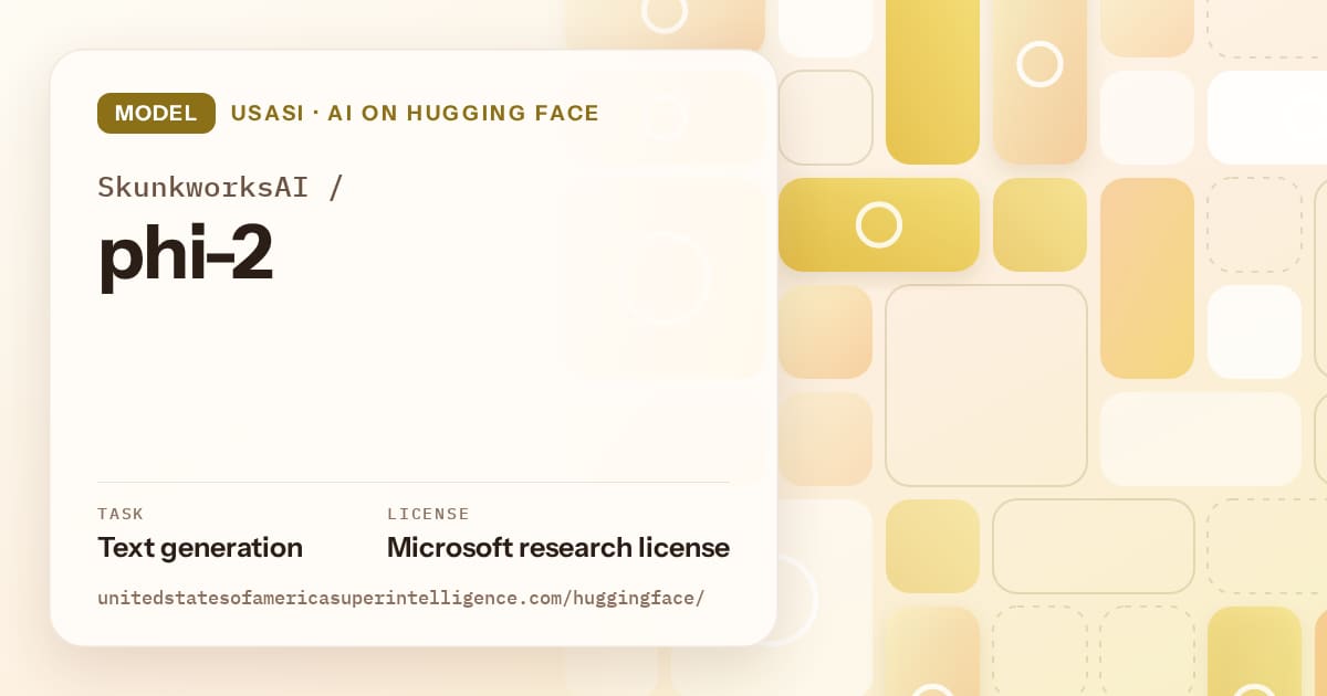 Generated gold tile-mosaic artwork for the model SkunkworksAI/phi-2, labeled USASI · AI on Hugging Face, with Task: Text generation · License: Microsoft research license.