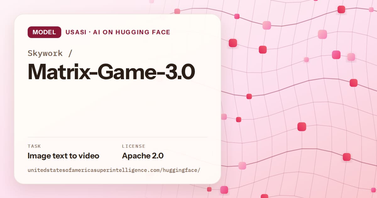 Generated rose wave-lattice artwork for the model Skywork/Matrix-Game-3.0, labeled USASI · AI on Hugging Face, with Task: Image text to video · License: Apache 2.0.