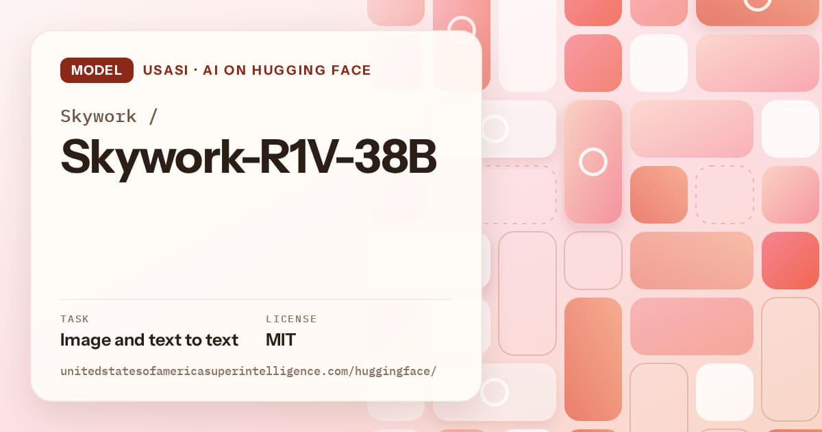 Generated coral tile-mosaic artwork for the model Skywork/Skywork-R1V-38B, labeled USASI · AI on Hugging Face, with Task: Image and text to text · License: MIT.