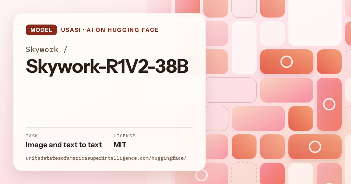 Generated coral tile-mosaic artwork for the model Skywork/Skywork-R1V2-38B, labeled USASI · AI on Hugging Face, with Task: Image and text to text · License: MIT.
