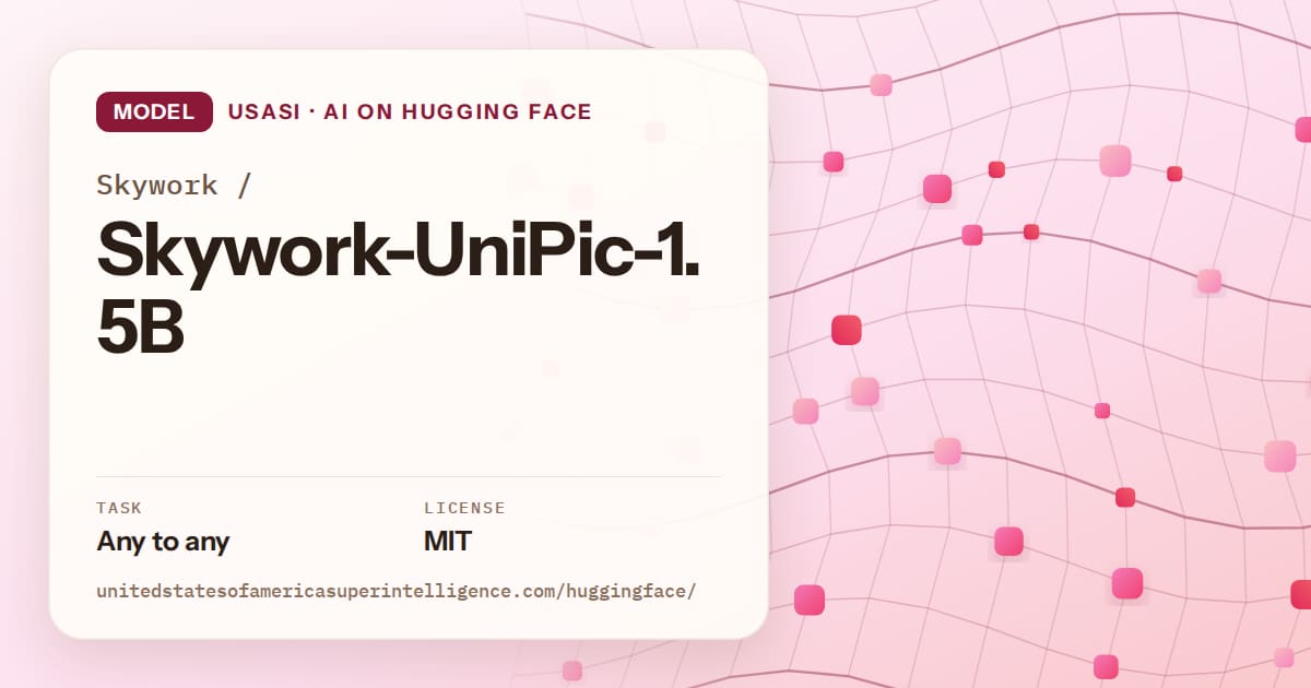 Generated rose wave-lattice artwork for the model Skywork/Skywork-UniPic-1.5B, labeled USASI · AI on Hugging Face, with Task: Any to any · License: MIT.