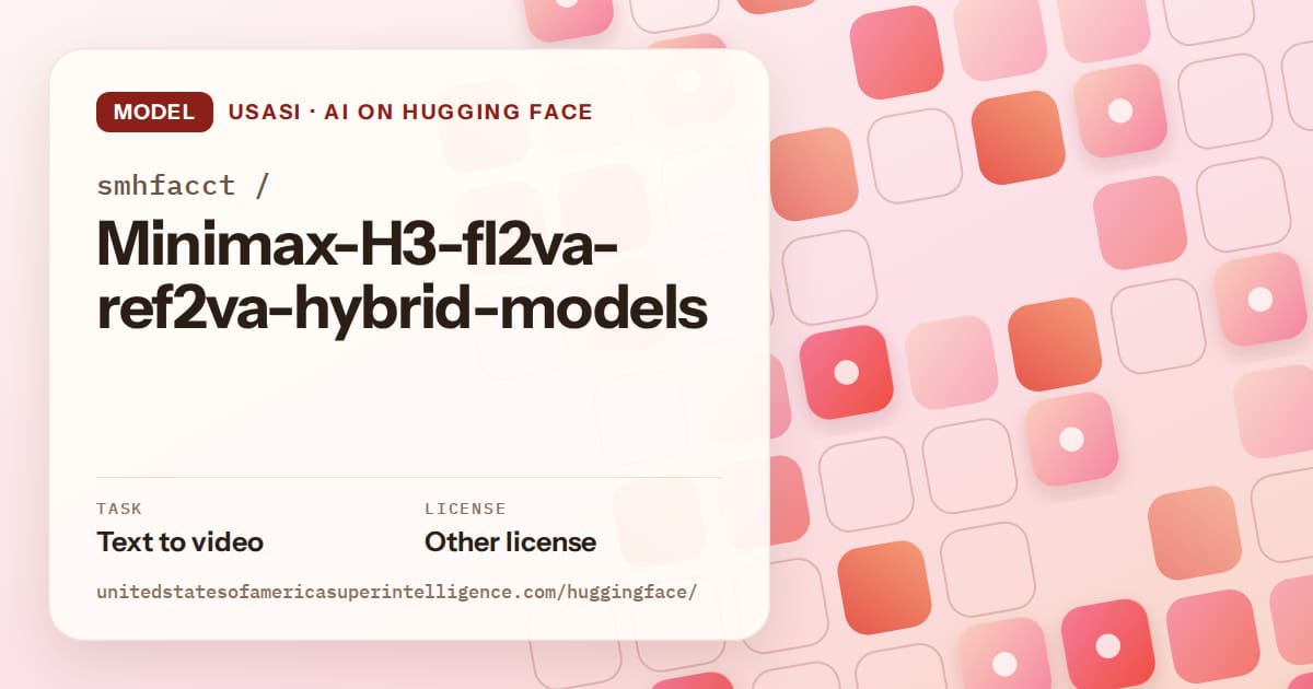 Generated coral rounded-tile grid artwork for the model smhfacct/Minimax-H3-fl2va-ref2va-hybrid-models, labeled USASI · AI on Hugging Face, with Task: Text to video · License: Other license.
