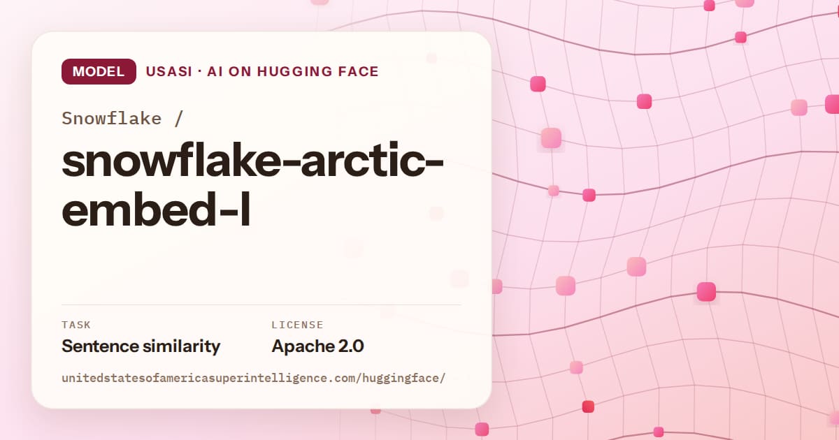 Generated rose wave-lattice artwork for the model Snowflake/snowflake-arctic-embed-l, labeled USASI · AI on Hugging Face, with Task: Sentence similarity · License: Apache 2.0.