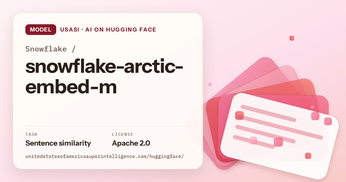 Generated coral layered-card artwork for the model Snowflake/snowflake-arctic-embed-m, labeled USASI · AI on Hugging Face, with Task: Sentence similarity · License: Apache 2.0.