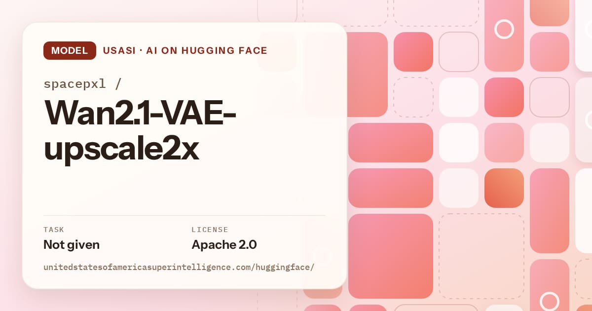 Generated coral tile-mosaic artwork for the model spacepxl/Wan2.1-VAE-upscale2x, labeled USASI · AI on Hugging Face, with Task: Not given · License: Apache 2.0.