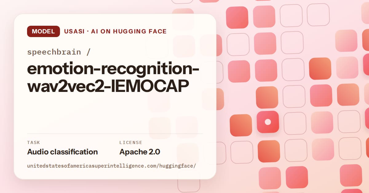 Generated coral rounded-tile grid artwork for the model speechbrain/emotion-recognition-wav2vec2-IEMOCAP, labeled USASI · AI on Hugging Face, with Task: Audio classification · License: Apache 2.0.