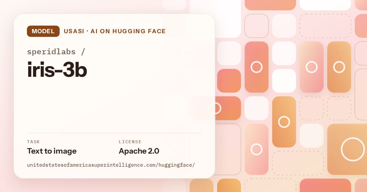 Generated orange tile-mosaic artwork for the model speridlabs/iris-3b, labeled USASI · AI on Hugging Face, with Task: Text to image · License: Apache 2.0.