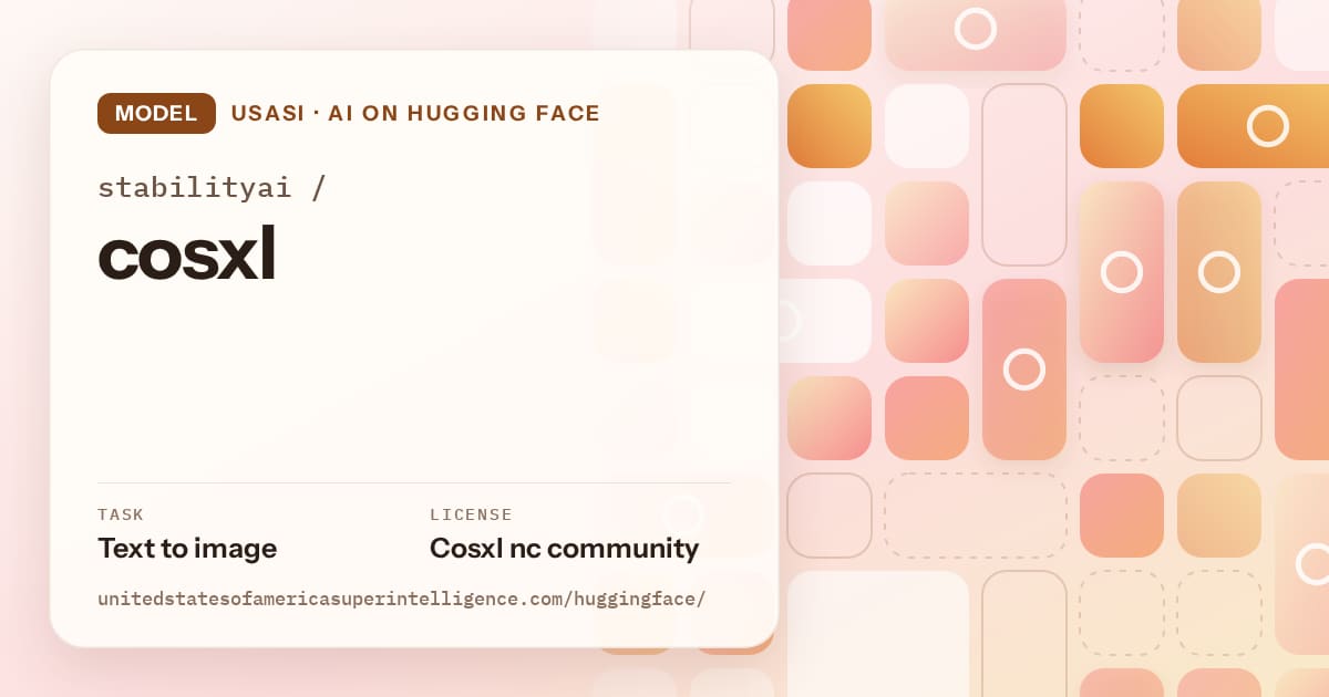 Generated orange tile-mosaic artwork for the model stabilityai/cosxl, labeled USASI · AI on Hugging Face, with Task: Text to image · License: Cosxl nc community.