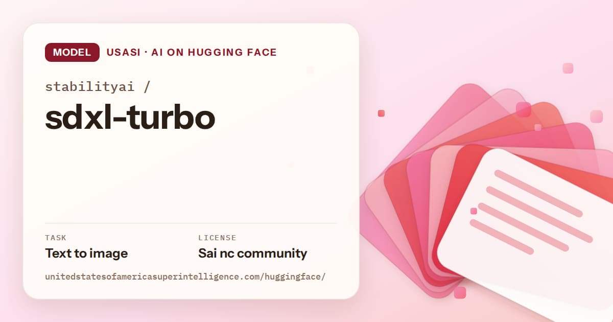 Generated coral layered-card artwork for the model stabilityai/sdxl-turbo, labeled USASI · AI on Hugging Face, with Task: Text to image · License: Sai nc community.