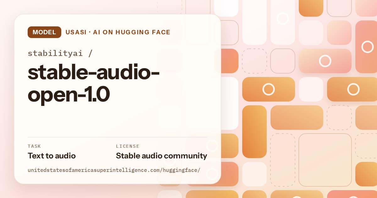 Generated orange tile-mosaic artwork for the model stabilityai/stable-audio-open-1.0, labeled USASI · AI on Hugging Face, with Task: Text to audio · License: Stable audio community.