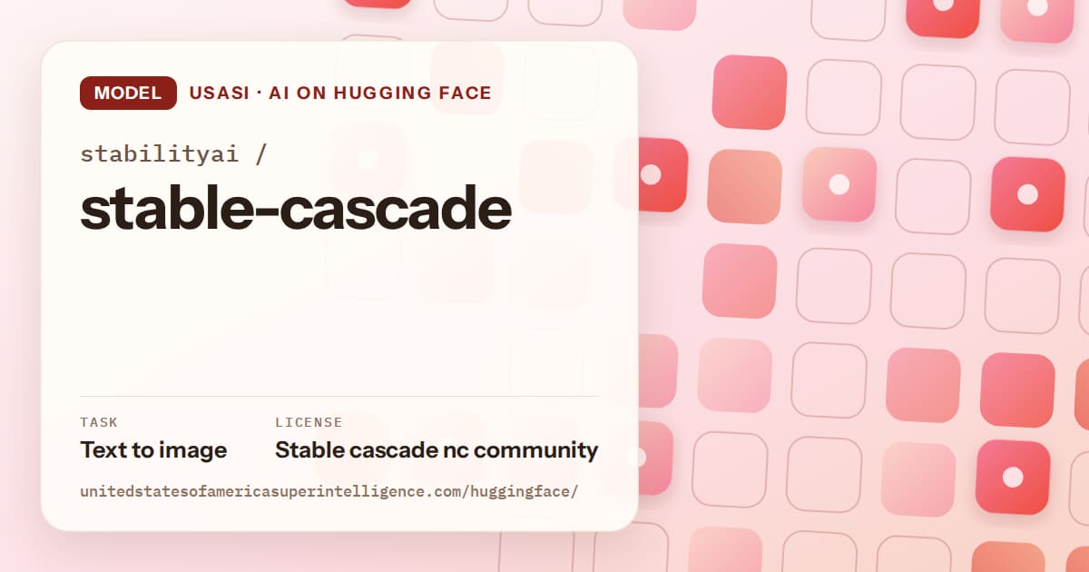 Generated coral rounded-tile grid artwork for the model stabilityai/stable-cascade, labeled USASI · AI on Hugging Face, with Task: Text to image · License: Stable cascade nc community.