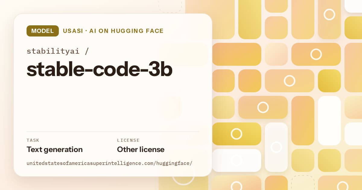 Generated gold tile-mosaic artwork for the model stabilityai/stable-code-3b, labeled USASI · AI on Hugging Face, with Task: Text generation · License: Other license.