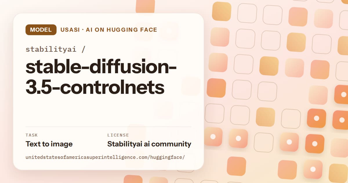 Generated orange rounded-tile grid artwork for the model stabilityai/stable-diffusion-3.5-controlnets, labeled USASI · AI on Hugging Face, with Task: Text to image · License: Stabilityai ai community.