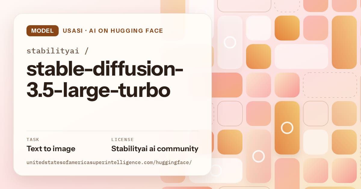 Generated orange tile-mosaic artwork for the model stabilityai/stable-diffusion-3.5-large-turbo, labeled USASI · AI on Hugging Face, with Task: Text to image · License: Stabilityai ai community.
