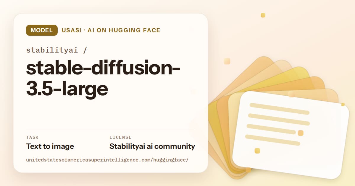 Generated amber layered-card artwork for the model stabilityai/stable-diffusion-3.5-large, labeled USASI · AI on Hugging Face, with Task: Text to image · License: Stabilityai ai community.