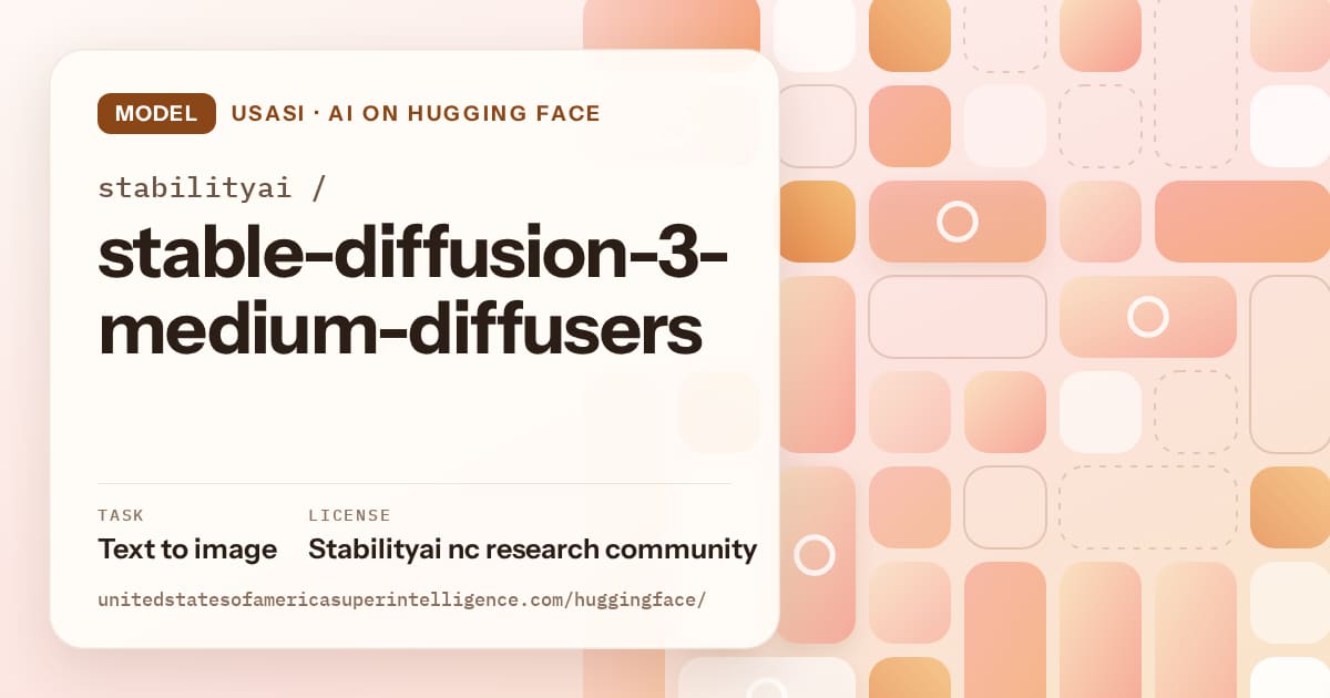 Generated orange tile-mosaic artwork for the model stabilityai/stable-diffusion-3-medium-diffusers, labeled USASI · AI on Hugging Face, with Task: Text to image · License: Stabilityai nc research community.