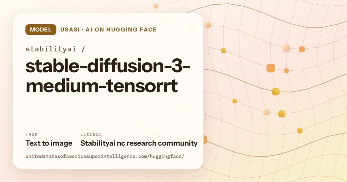 Generated amber wave-lattice artwork for the model stabilityai/stable-diffusion-3-medium-tensorrt, labeled USASI · AI on Hugging Face, with Task: Text to image · License: Stabilityai nc research community.