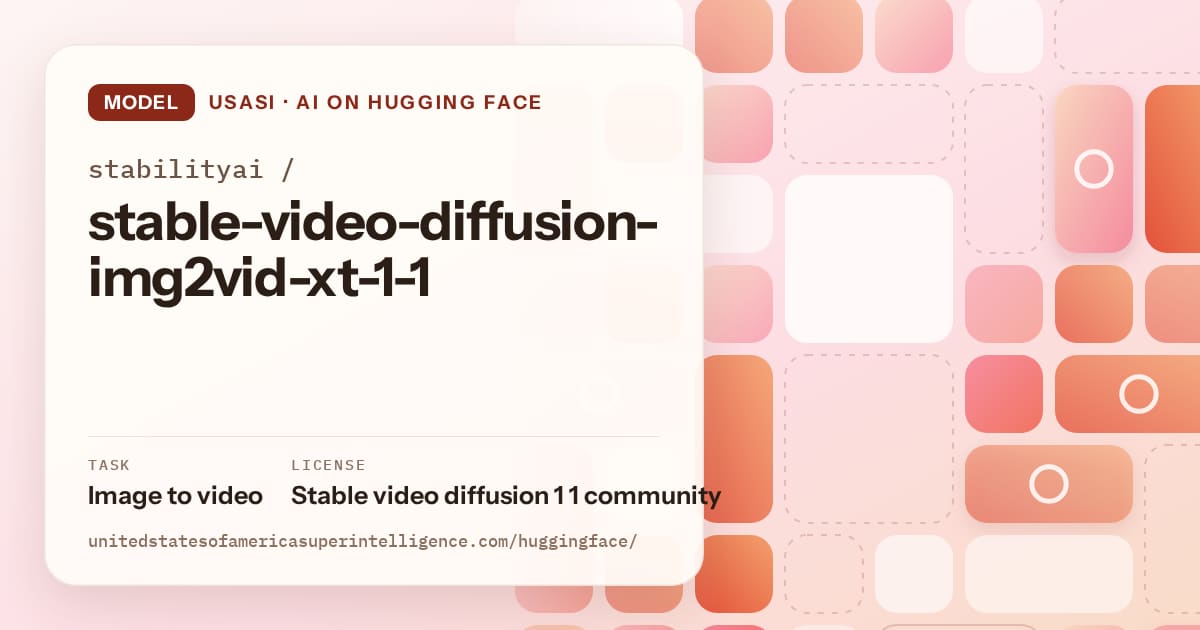 Generated coral tile-mosaic artwork for the model stabilityai/stable-video-diffusion-img2vid-xt-1-1, labeled USASI · AI on Hugging Face, with Task: Image to video · License: Stable video diffusion 1 1 community.