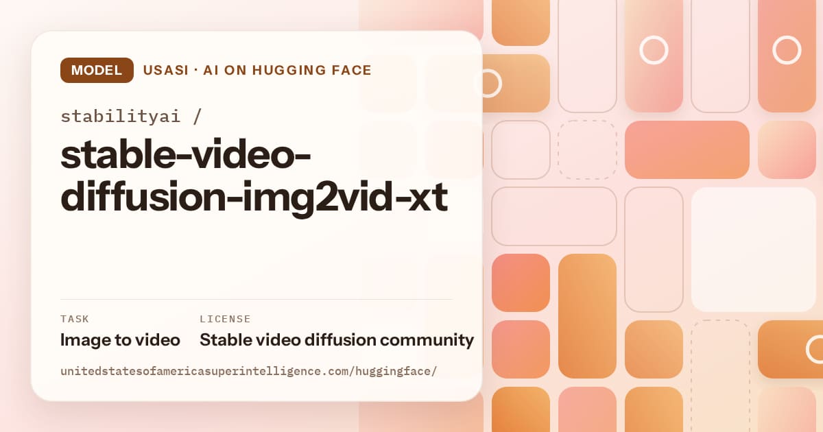 Generated orange tile-mosaic artwork for the model stabilityai/stable-video-diffusion-img2vid-xt, labeled USASI · AI on Hugging Face, with Task: Image to video · License: Stable video diffusion community.