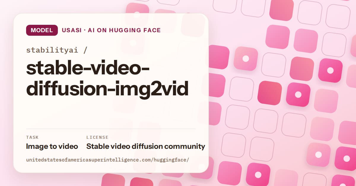 Generated rose rounded-tile grid artwork for the model stabilityai/stable-video-diffusion-img2vid, labeled USASI · AI on Hugging Face, with Task: Image to video · License: Stable video diffusion community.