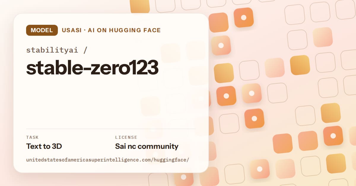 Generated orange rounded-tile grid artwork for the model stabilityai/stable-zero123, labeled USASI · AI on Hugging Face, with Task: Text to 3D · License: Sai nc community.
