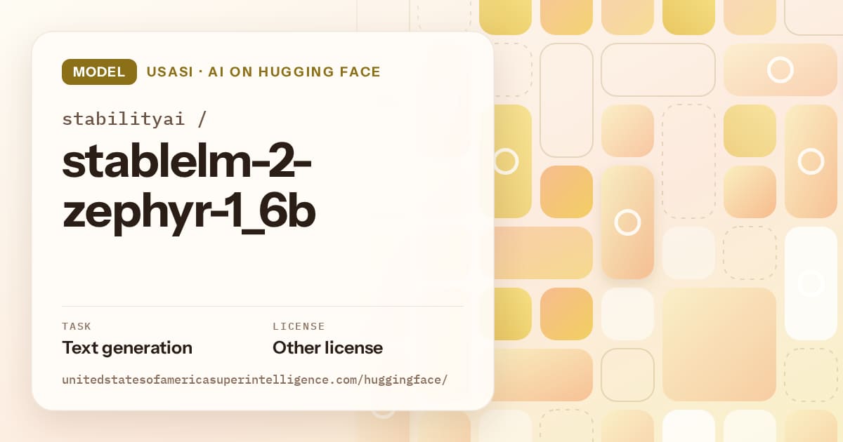 Generated gold tile-mosaic artwork for the model stabilityai/stablelm-2-zephyr-1_6b, labeled USASI · AI on Hugging Face, with Task: Text generation · License: Other license.