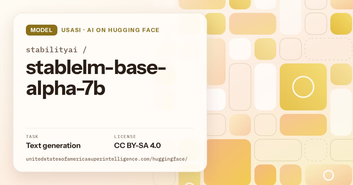 Generated gold tile-mosaic artwork for the model stabilityai/stablelm-base-alpha-7b, labeled USASI · AI on Hugging Face, with Task: Text generation · License: CC BY-SA 4.0.