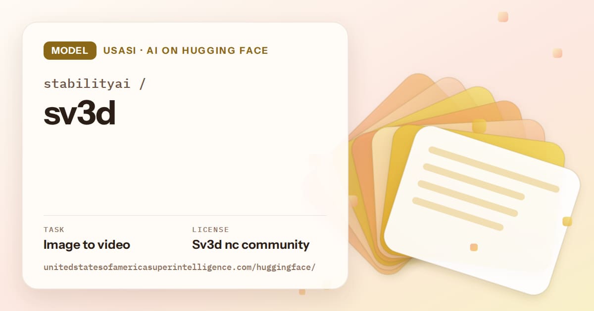 Generated amber layered-card artwork for the model stabilityai/sv3d, labeled USASI · AI on Hugging Face, with Task: Image to video · License: Sv3d nc community.