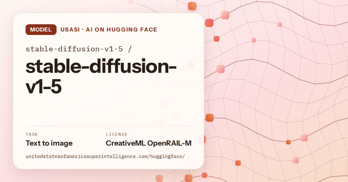 Generated tangerine wave-lattice artwork for the model stable-diffusion-v1-5/stable-diffusion-v1-5, labeled USASI · AI on Hugging Face, with Task: Text to image · License: CreativeML OpenRAIL-M.