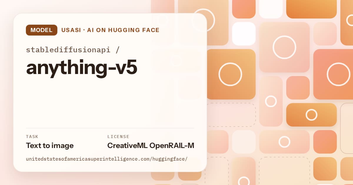 Generated orange tile-mosaic artwork for the model stablediffusionapi/anything-v5, labeled USASI · AI on Hugging Face, with Task: Text to image · License: CreativeML OpenRAIL-M.