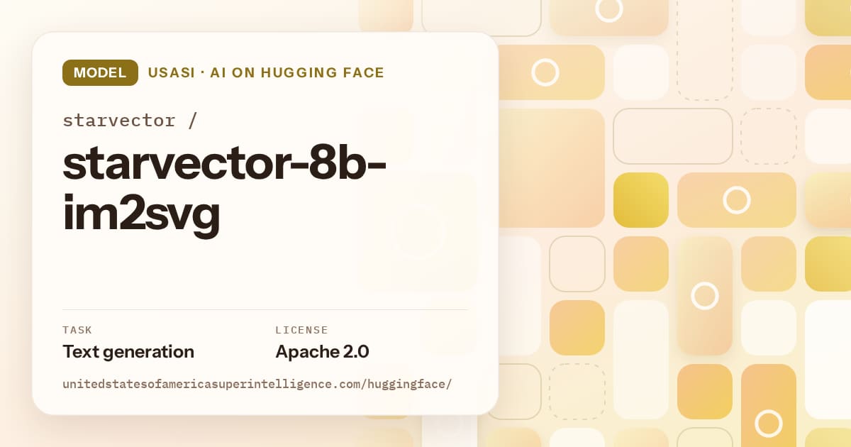 Generated gold tile-mosaic artwork for the model starvector/starvector-8b-im2svg, labeled USASI · AI on Hugging Face, with Task: Text generation · License: Apache 2.0.