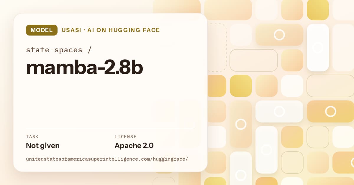 Generated gold tile-mosaic artwork for the model state-spaces/mamba-2.8b, labeled USASI · AI on Hugging Face, with Task: Not given · License: Apache 2.0.