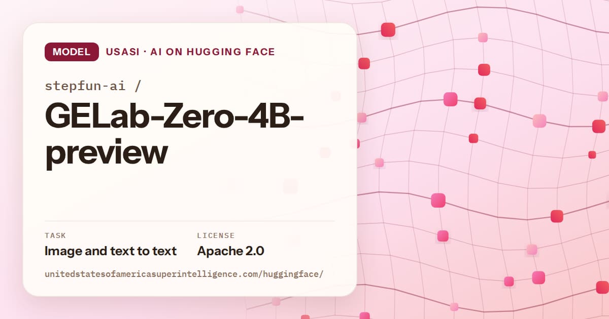 Generated rose wave-lattice artwork for the model stepfun-ai/GELab-Zero-4B-preview, labeled USASI · AI on Hugging Face, with Task: Image and text to text · License: Apache 2.0.