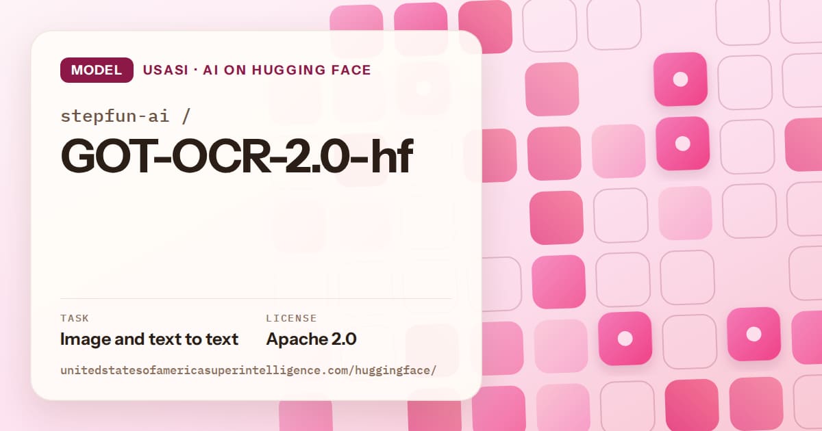 Generated rose rounded-tile grid artwork for the model stepfun-ai/GOT-OCR-2.0-hf, labeled USASI · AI on Hugging Face, with Task: Image and text to text · License: Apache 2.0.