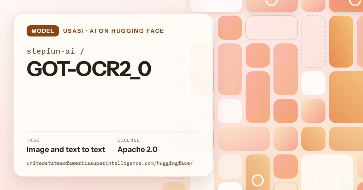 Generated orange tile-mosaic artwork for the model stepfun-ai/GOT-OCR2_0, labeled USASI · AI on Hugging Face, with Task: Image and text to text · License: Apache 2.0.