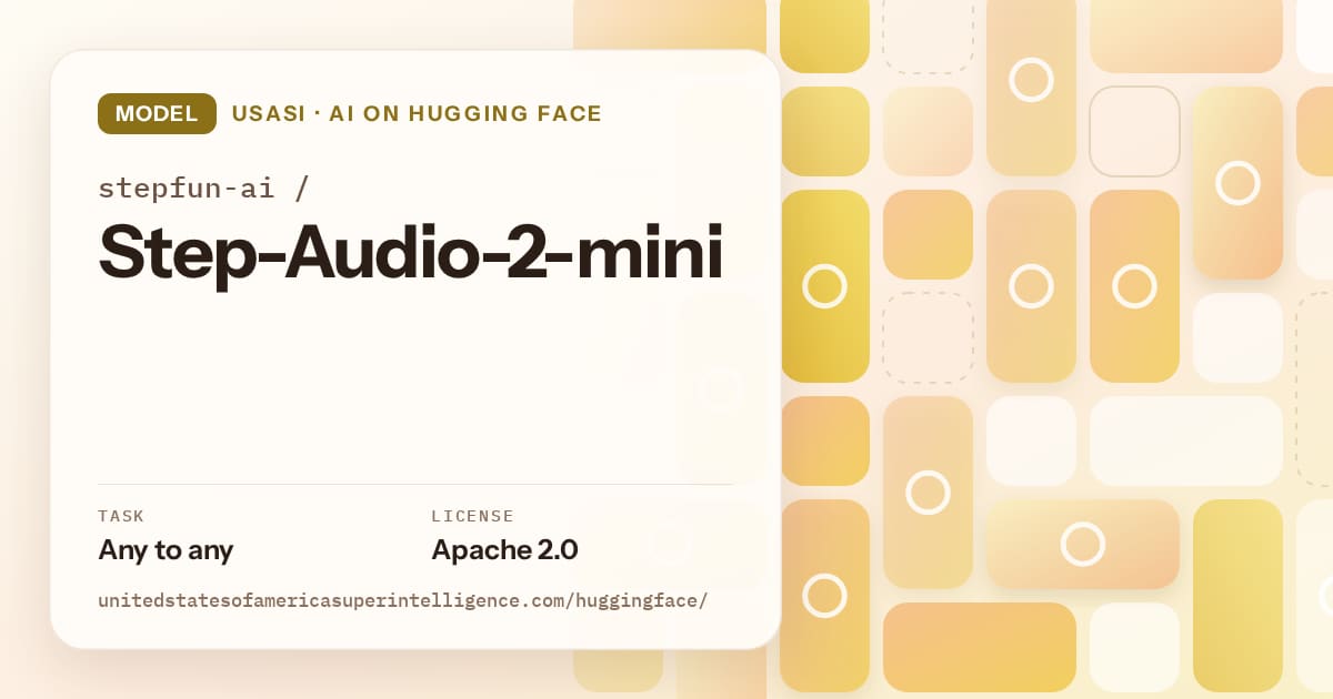 Generated gold tile-mosaic artwork for the model stepfun-ai/Step-Audio-2-mini, labeled USASI · AI on Hugging Face, with Task: Any to any · License: Apache 2.0.