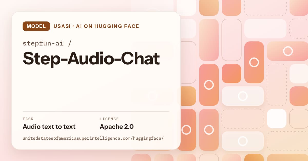 Generated orange tile-mosaic artwork for the model stepfun-ai/Step-Audio-Chat, labeled USASI · AI on Hugging Face, with Task: Audio text to text · License: Apache 2.0.