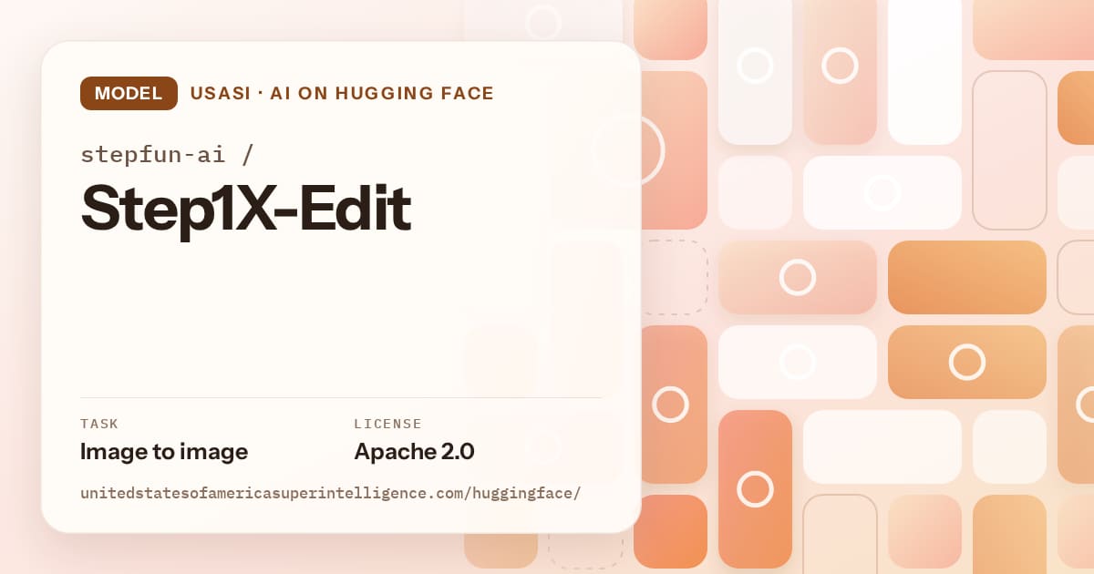 Generated orange tile-mosaic artwork for the model stepfun-ai/Step1X-Edit, labeled USASI · AI on Hugging Face, with Task: Image to image · License: Apache 2.0.
