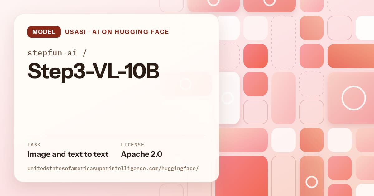 Generated coral tile-mosaic artwork for the model stepfun-ai/Step3-VL-10B, labeled USASI · AI on Hugging Face, with Task: Image and text to text · License: Apache 2.0.