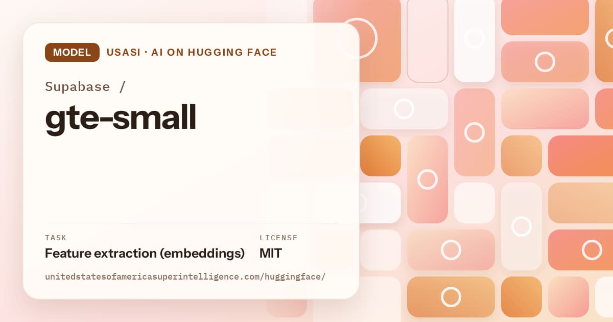Generated orange tile-mosaic artwork for the model Supabase/gte-small, labeled USASI · AI on Hugging Face, with Task: Feature extraction (embeddings) · License: MIT.