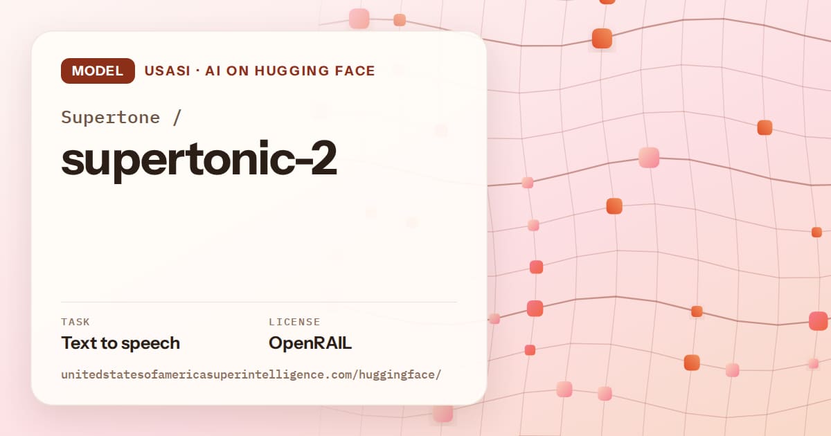 Generated tangerine wave-lattice artwork for the model Supertone/supertonic-2, labeled USASI · AI on Hugging Face, with Task: Text to speech · License: OpenRAIL.