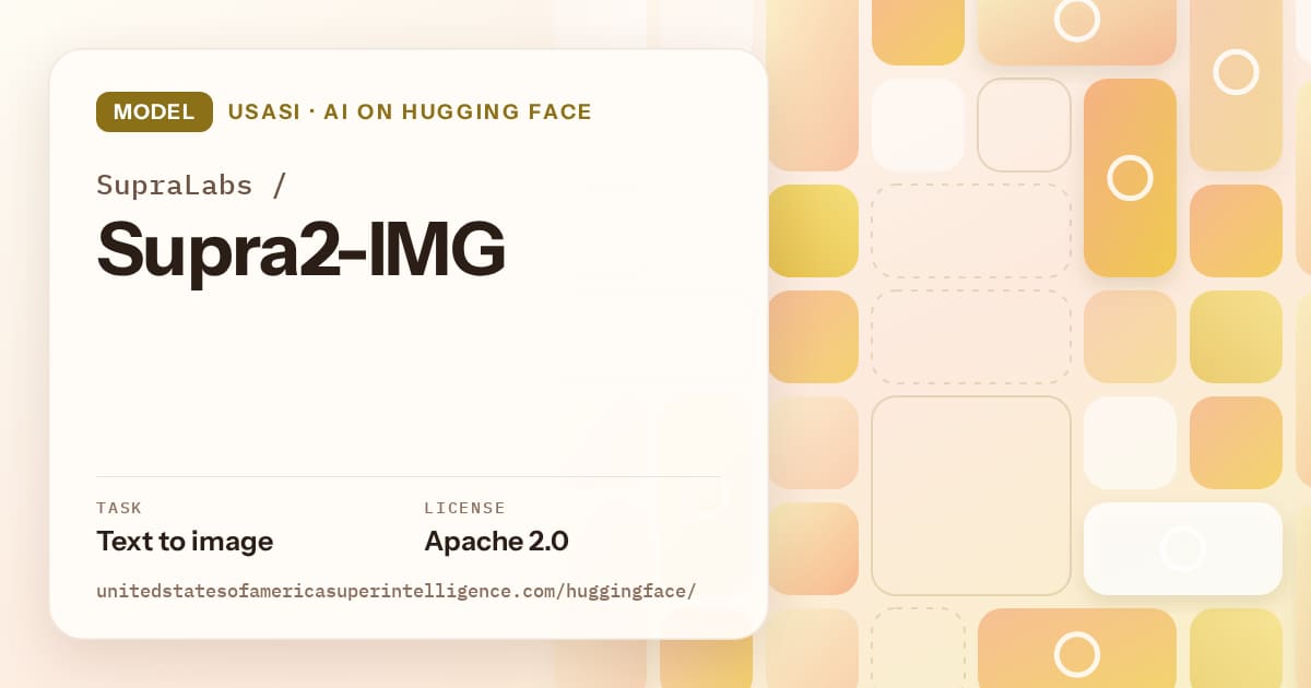 Generated gold tile-mosaic artwork for the model SupraLabs/Supra2-IMG, labeled USASI · AI on Hugging Face, with Task: Text to image · License: Apache 2.0.