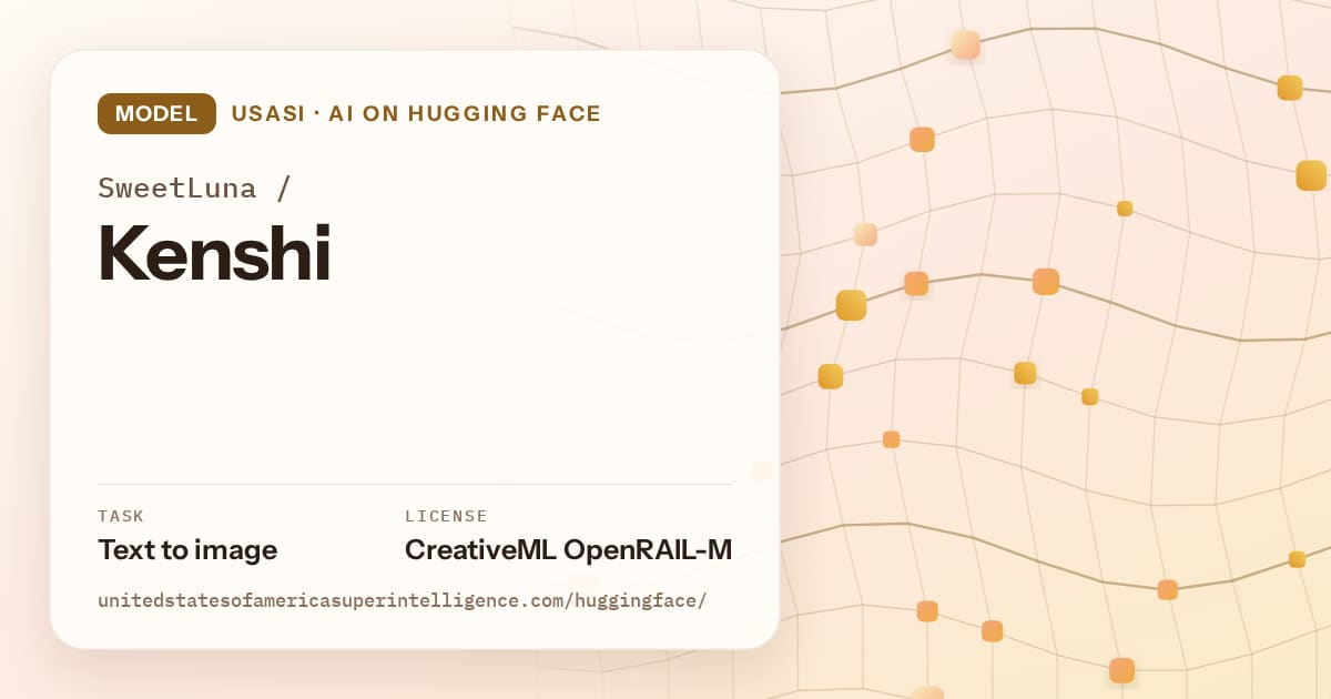Generated amber wave-lattice artwork for the model SweetLuna/Kenshi, labeled USASI · AI on Hugging Face, with Task: Text to image · License: CreativeML OpenRAIL-M.