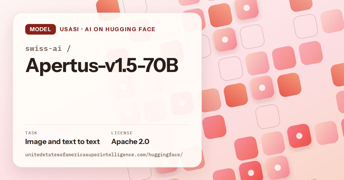 Generated coral rounded-tile grid artwork for the model swiss-ai/Apertus-v1.5-70B, labeled USASI · AI on Hugging Face, with Task: Image and text to text · License: Apache 2.0.