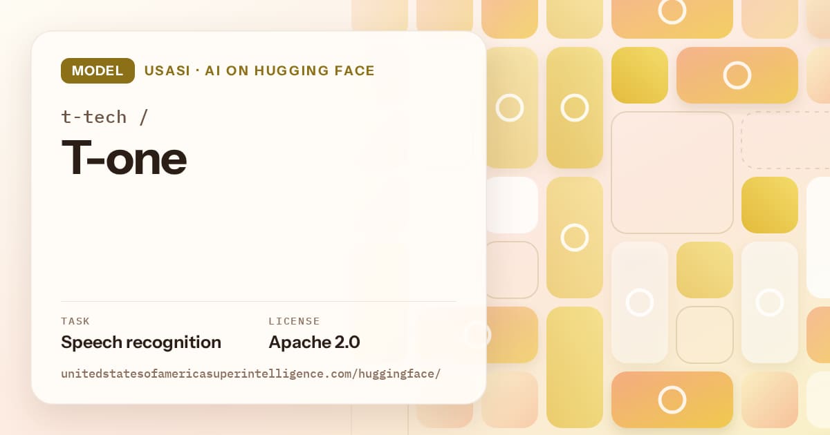 Generated gold tile-mosaic artwork for the model t-tech/T-one, labeled USASI · AI on Hugging Face, with Task: Speech recognition · License: Apache 2.0.