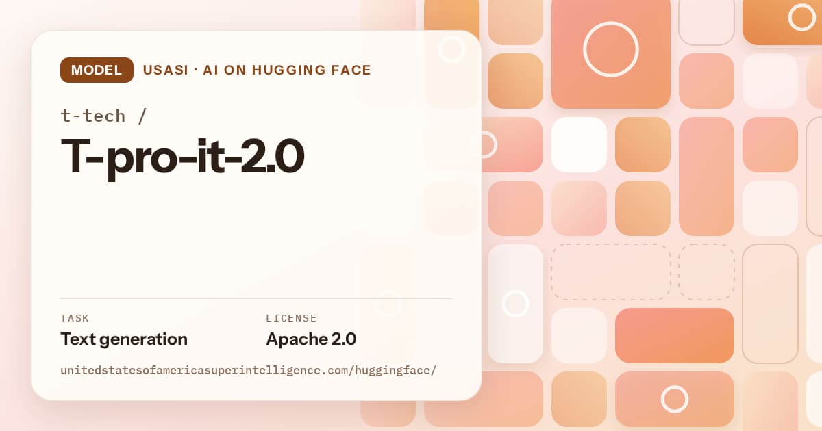 Generated orange tile-mosaic artwork for the model t-tech/T-pro-it-2.0, labeled USASI · AI on Hugging Face, with Task: Text generation · License: Apache 2.0.