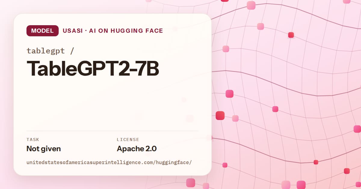 Generated rose wave-lattice artwork for the model tablegpt/TableGPT2-7B, labeled USASI · AI on Hugging Face, with Task: Not given · License: Apache 2.0.