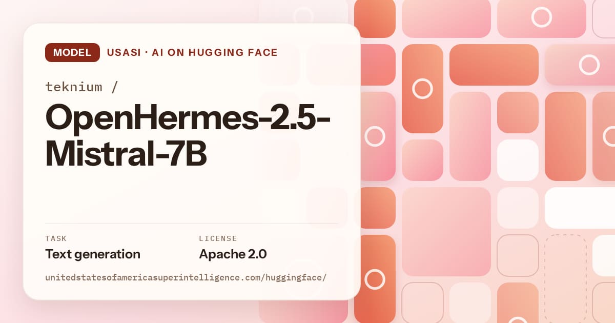 Generated coral tile-mosaic artwork for the model teknium/OpenHermes-2.5-Mistral-7B, labeled USASI · AI on Hugging Face, with Task: Text generation · License: Apache 2.0.