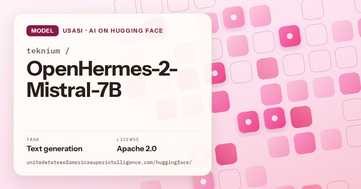 Generated rose rounded-tile grid artwork for the model teknium/OpenHermes-2-Mistral-7B, labeled USASI · AI on Hugging Face, with Task: Text generation · License: Apache 2.0.